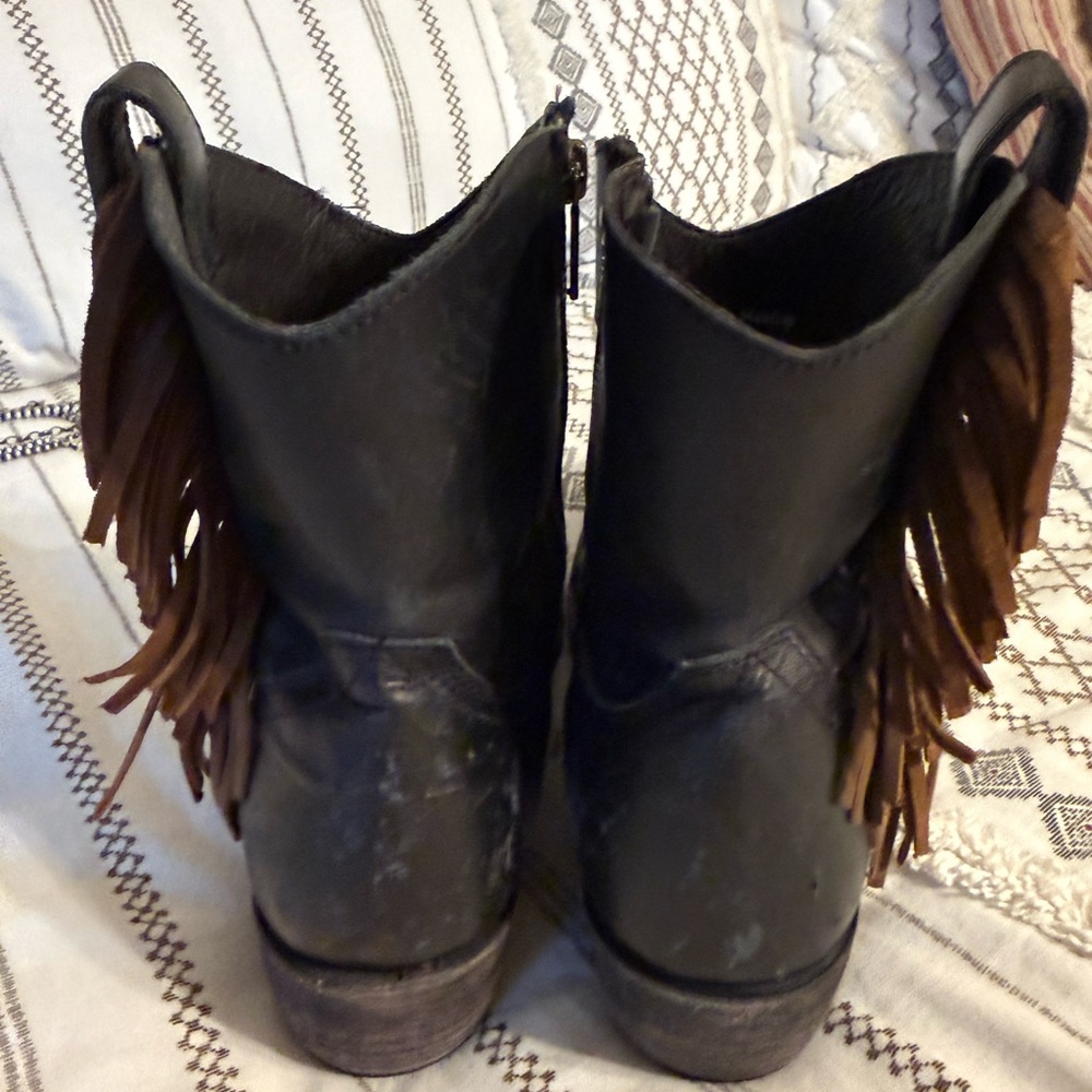 LIBERTY Black Leather Heeled Boots with Fringe - Picture 6 of 8